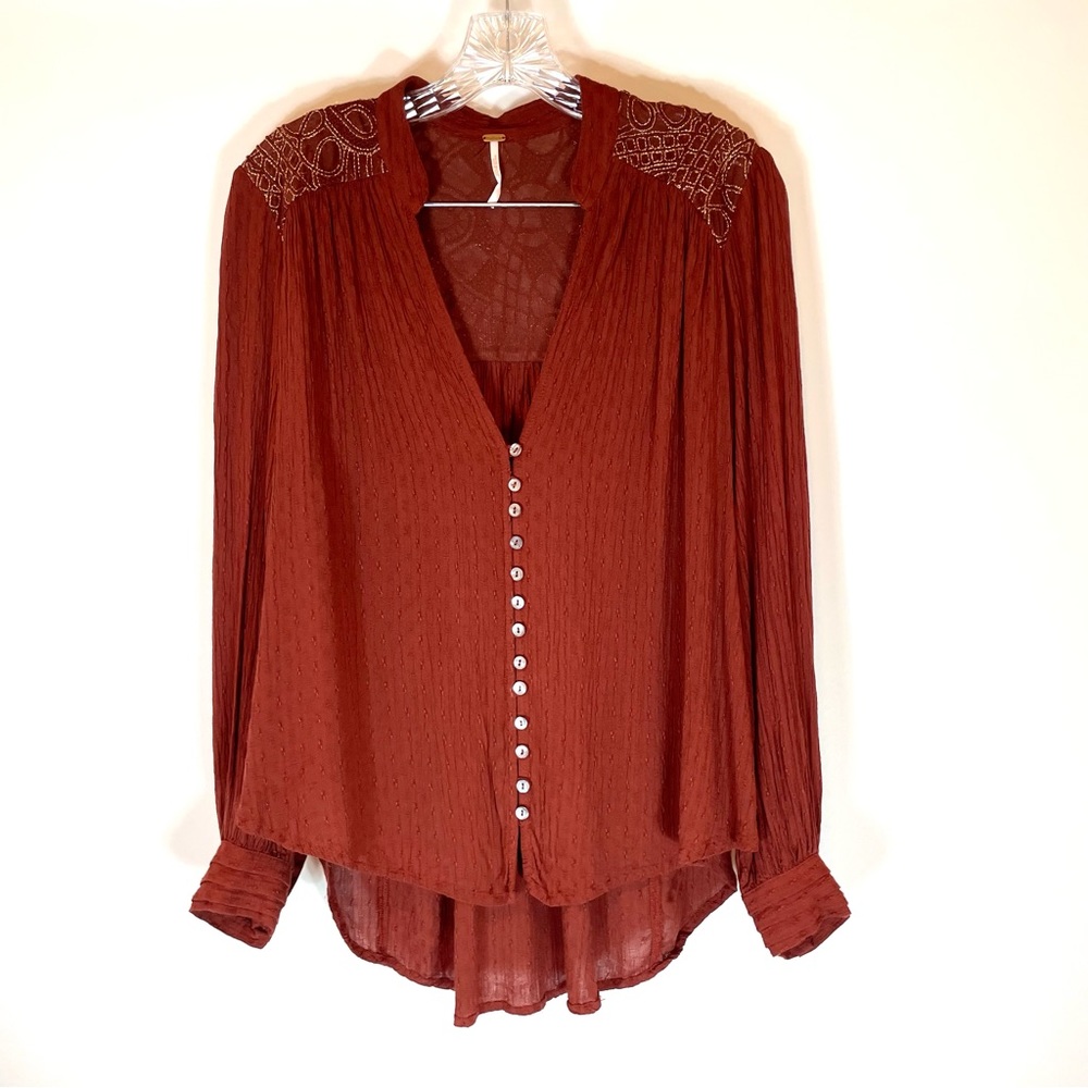 Free People Boho Top in Rust with Gold Embroidered Touches